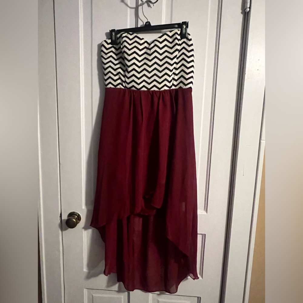 Chevron Black and White Strapless Dress with Berry Colored High Low Lined Skirt
